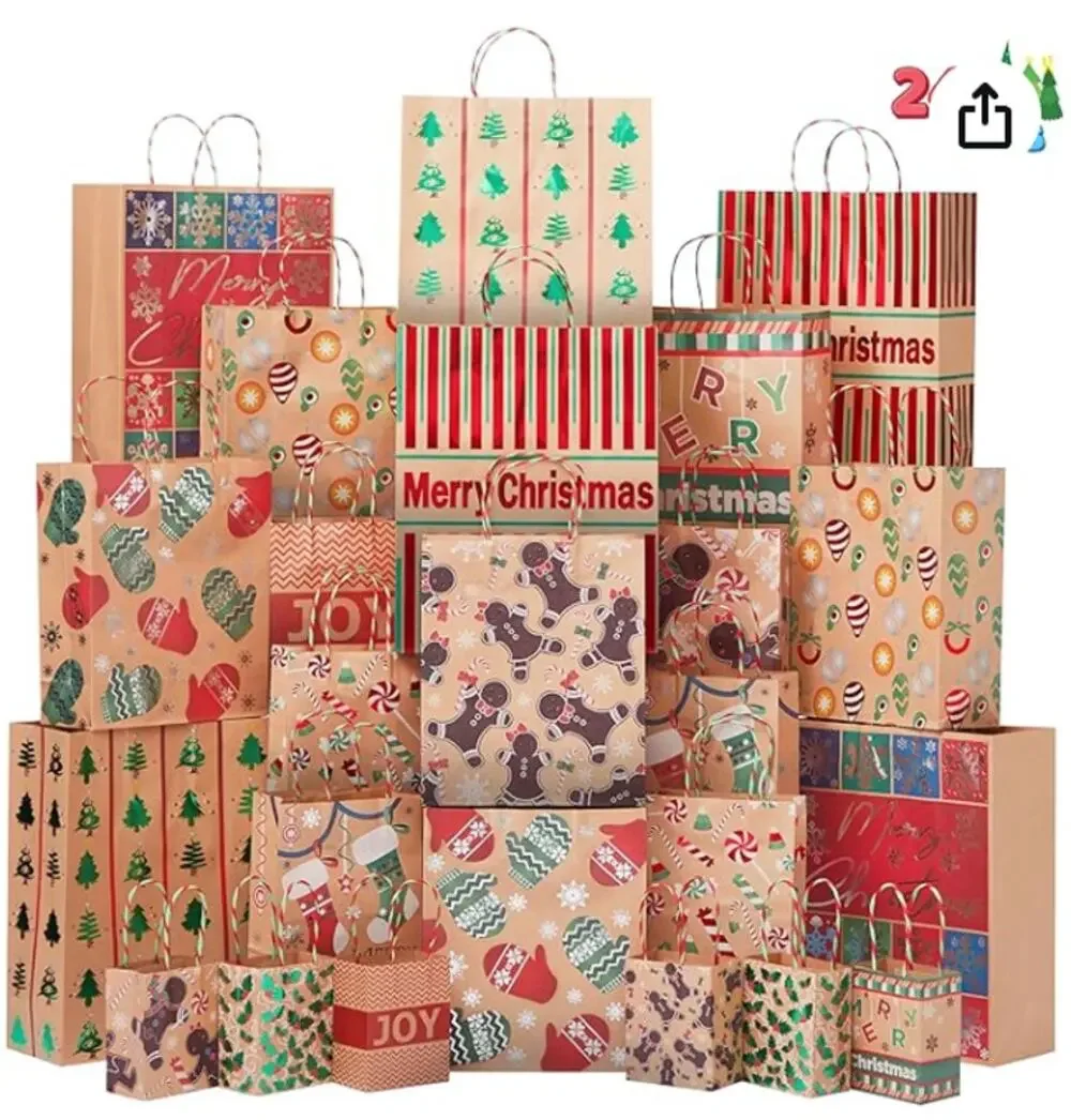 24 Christmas Foil Craft Gift Bags Assorted Sizes with Twine Handles-24 Different